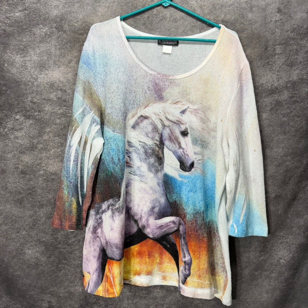 The Pyramid Collection Horse Graphic Knit Sweater Size 2X Art to Wear Colorful